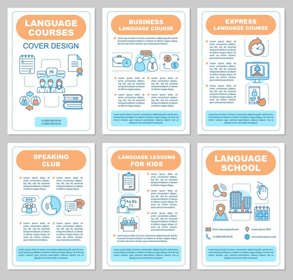Foreign language school brochure template layout. Flyer, booklet, leaflet print design. Language learning classes, lessons, courses. Speaking club, grammar. Vector page for magazines, reports, posters