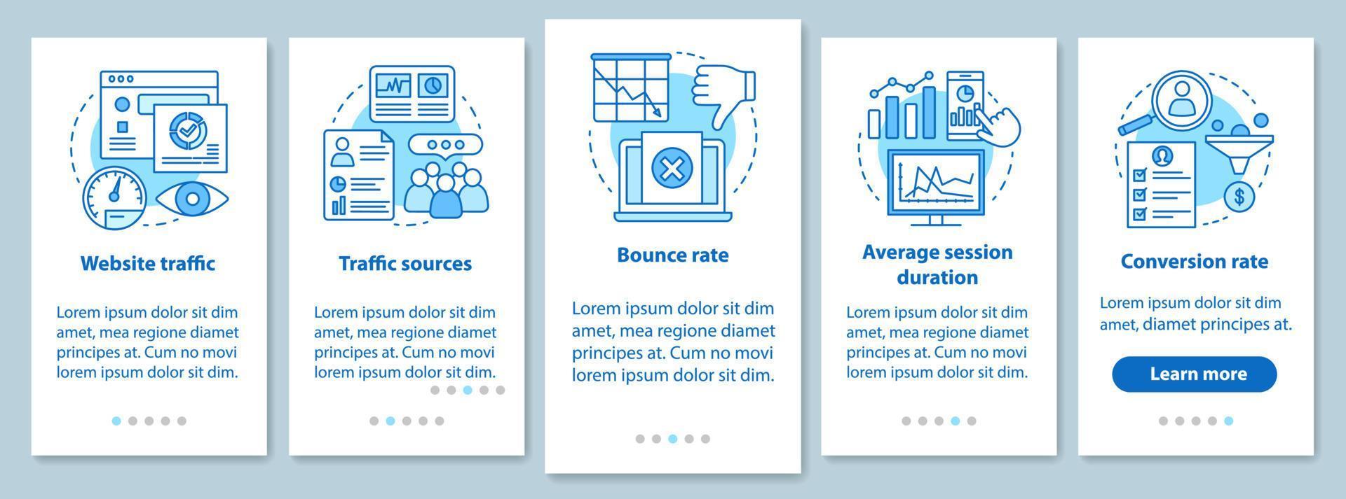 Website traffic onboarding mobile app page screen with linear concepts. Sales conversion rate analytics. SMM metrics walkthrough steps instructions. UX, UI, GUI vector template with illustrations