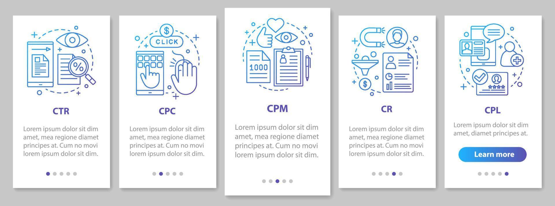 Advertising metrics onboarding mobile app page screen with linear concepts. Digital marketig. SMM. CTR, CPC, CPM, CR, CPL walkthrough steps instructions. UX, UI, GUI vector template with illustrations