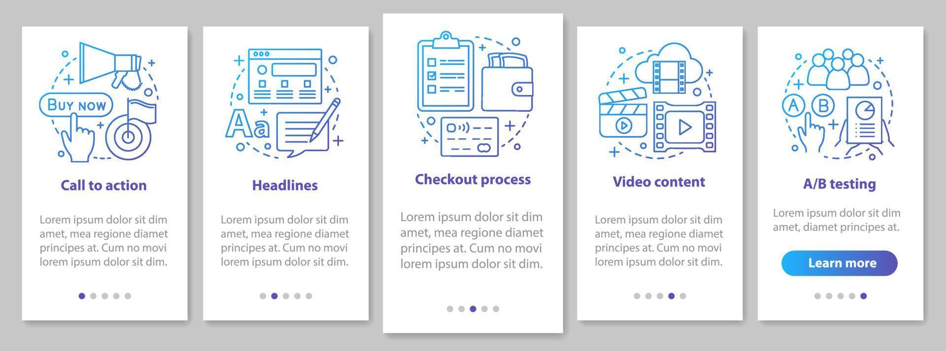 Internet marketing onboarding mobile app page screen with linear concepts. Advertising campaign walkthrough steps graphic. Digital promotion. SMM. UX, UI, GUI vector template with illustrations