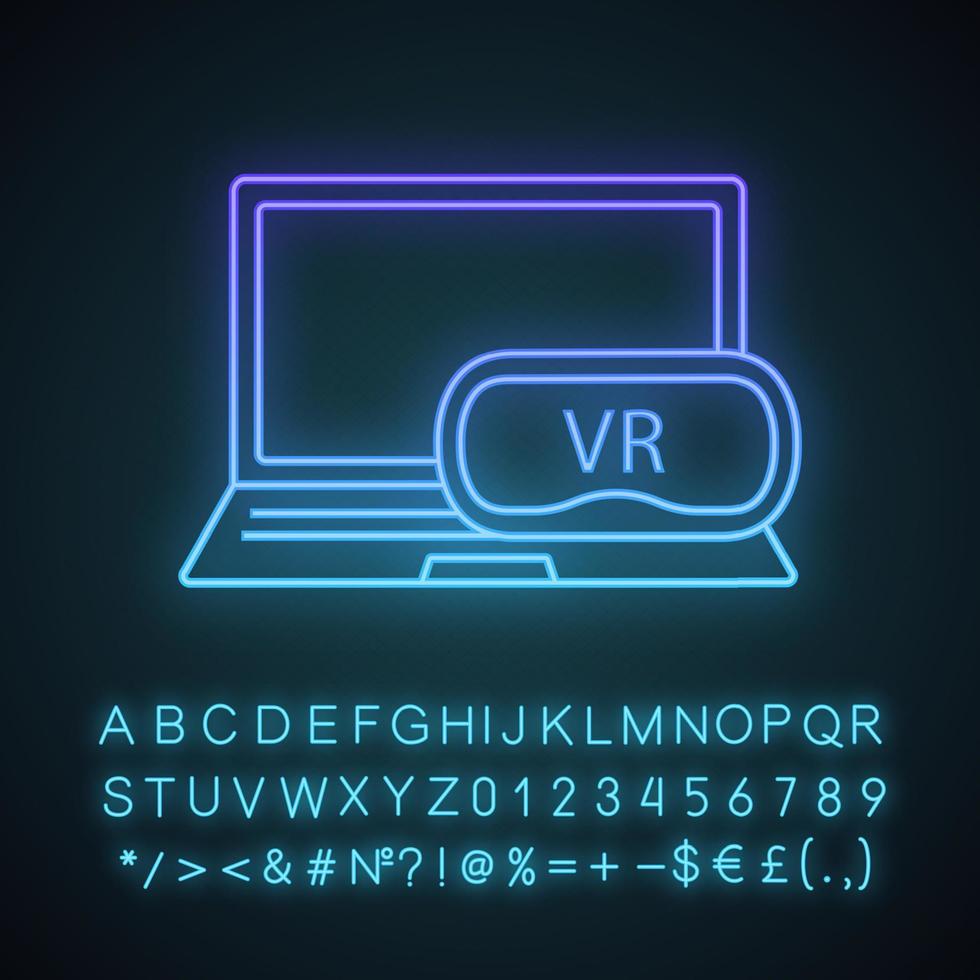 Computer VR headset neon light icon. Virtual reality games. VR mask, glasses, goggles with laptop. Glowing sign with alphabet, numbers and symbols. Vector isolated illustration