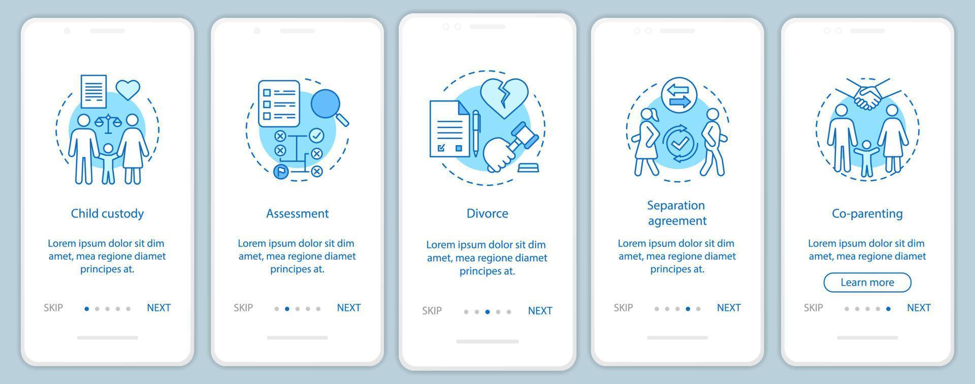 Mediation onboarding mobile app page screen vector template. Child custody, assessment, divorce, co-parenting. Walkthrough website steps with linear illustrations. UX, UI smartphone interface concept