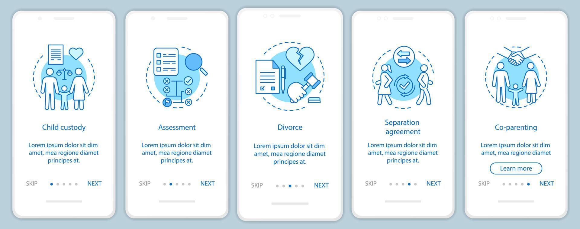 Mediation onboarding mobile app page screen vector template. Child custody, assessment, divorce, co-parenting. Walkthrough website steps with linear illustrations. UX, UI smartphone interface concept