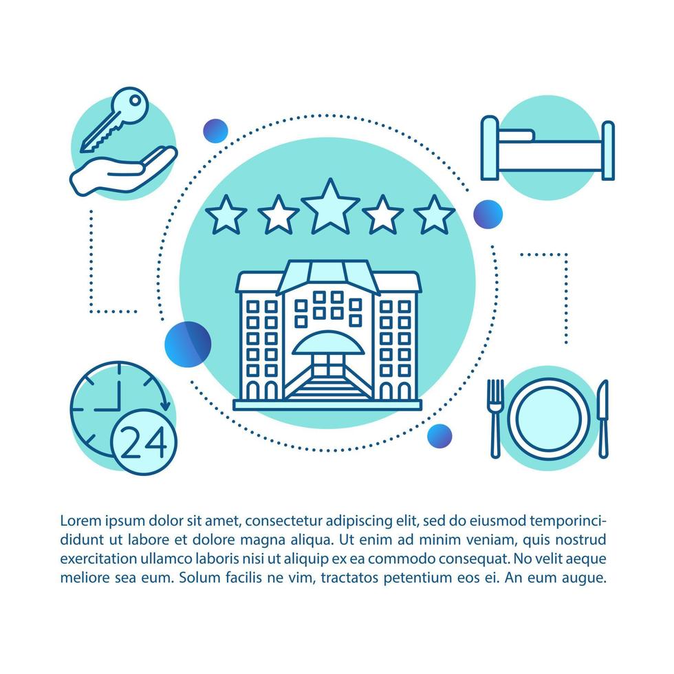 Hotel booking concept linear illustration. Accommodation, apartment. Article, brochure, magazine page. Five star hotel. All inclusive services with text. Print design. Vector isolated outline drawing