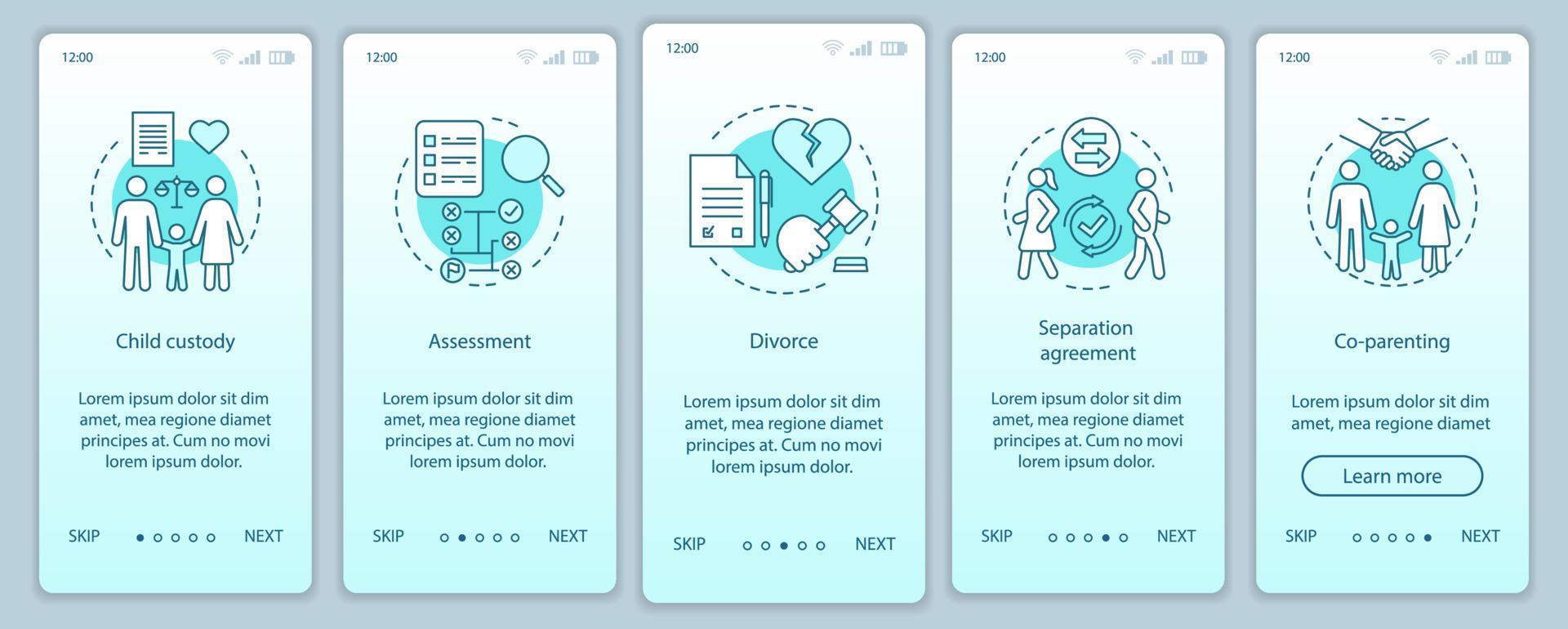 plantilla de vector de pantalla de página de aplicación móvil de incorporación de mediación. custodia de los hijos, tasación, divorcio, co-paternidad. paso a paso del sitio web con ilustraciones lineales. ux, ui concepto de interfaz de teléfono inteligente