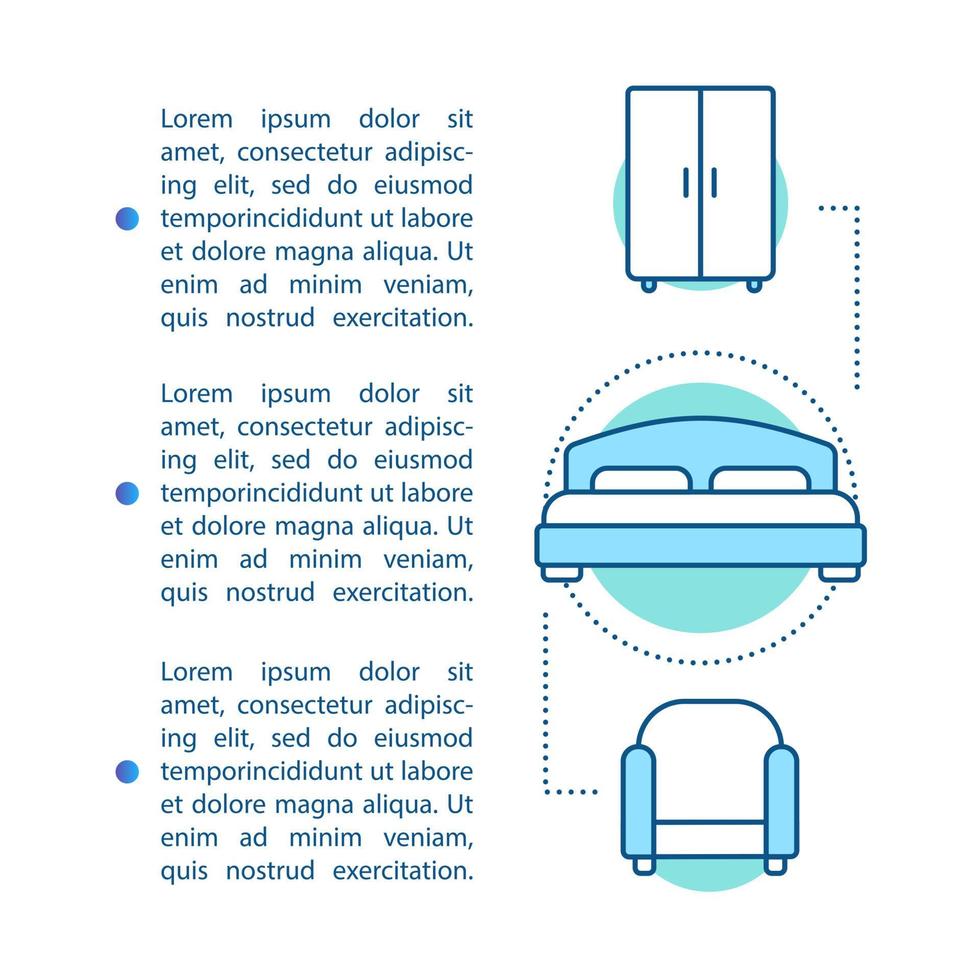 Hotel room article page vector template. Motel, hostel facilities and services. Brochure, magazine, booklet design element. Interior design. Furniture. Print design. Concept illustrations with text