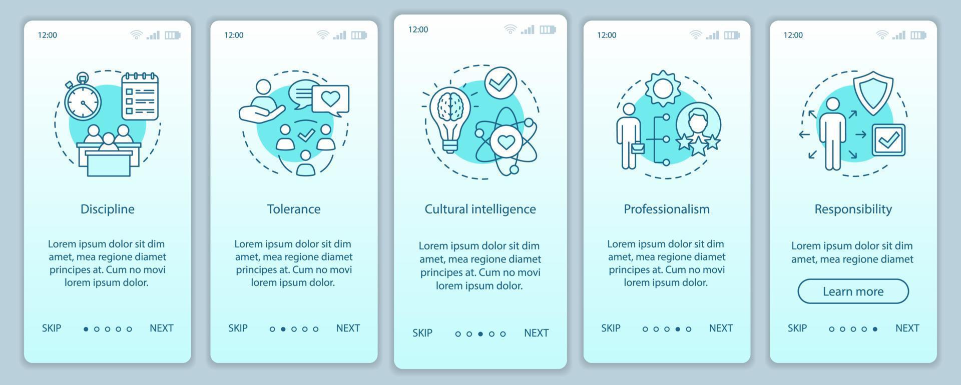 Plantilla de vector de pantalla de página de aplicación móvil de incorporación de habilidades blandas de recursos humanos. Calidades y habilidades de los empleados. inteligencia, disciplina, profesionalismo. interfaz de teléfono inteligente ux, ui, gui