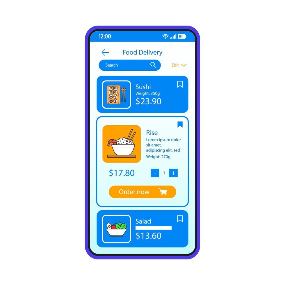 Plantilla de vector de interfaz de aplicación de teléfono inteligente de entrega de comida china. diseño de página de la aplicación móvil. ui plana. sushi, arroz, ensalada. pedidos en línea de restaurantes. pantalla del teléfono con menú de cafetería