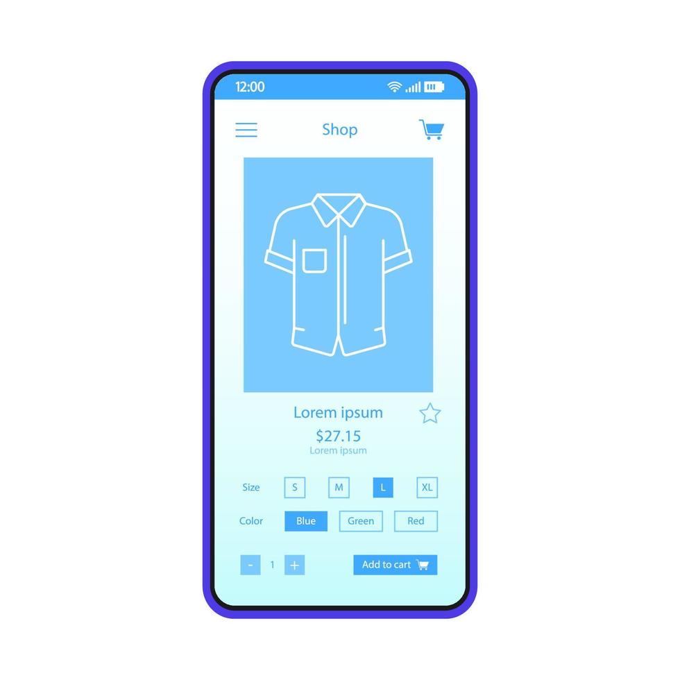 Mens clothing shop smartphone interface vector template. Internet store. Mobile app page design layout. Menswear and accessories site screen. Place order. Flat UI for application. Phone display 443681...