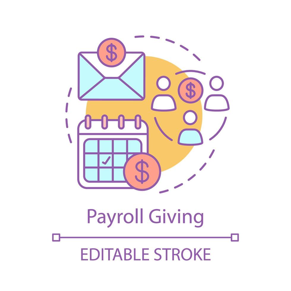 Payroll giving concept icon. Social benefit idea thin line illustration. Subsidies. Bill payments. Tax free income. Charitable crowdfunding. Vector isolated outline drawing. Editable stroke