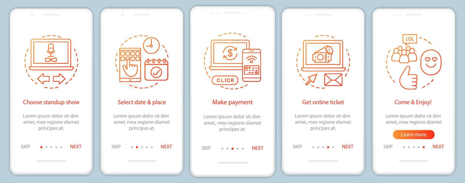 Standup onboarding mobile app page screen vector template. Show online ticket payment. Meeting event. Walkthrough website steps with linear illustrations. UX, UI, GUI smartphone interface concept