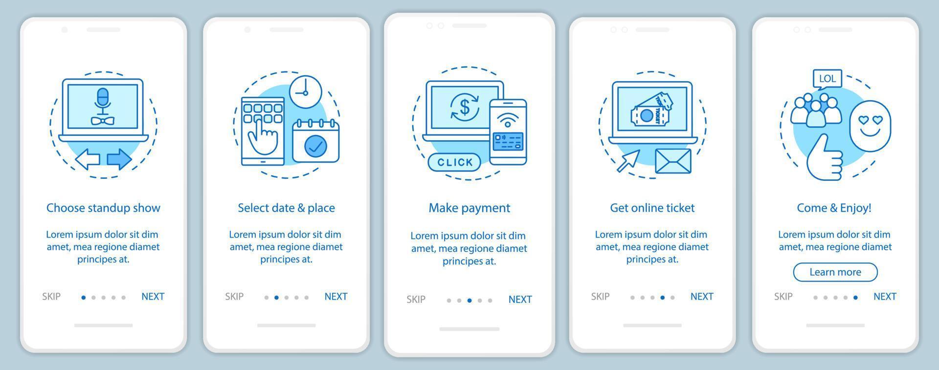 Standup onboarding mobile app page screen vector template. Meeting online ticket payment. Performance event. Walkthrough website steps, linear illustrations. UX, UI, GUI smartphone interface concept
