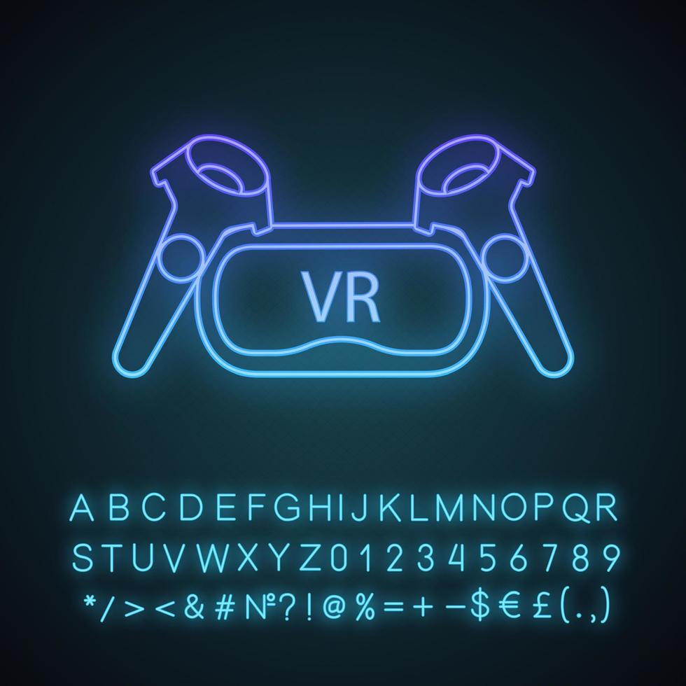 VR set neon light icon. Virtual reality headset and controllers. VR glasses with remote control, gamepad. Glowing sign with alphabet, numbers and symbols. Vector isolated illustration