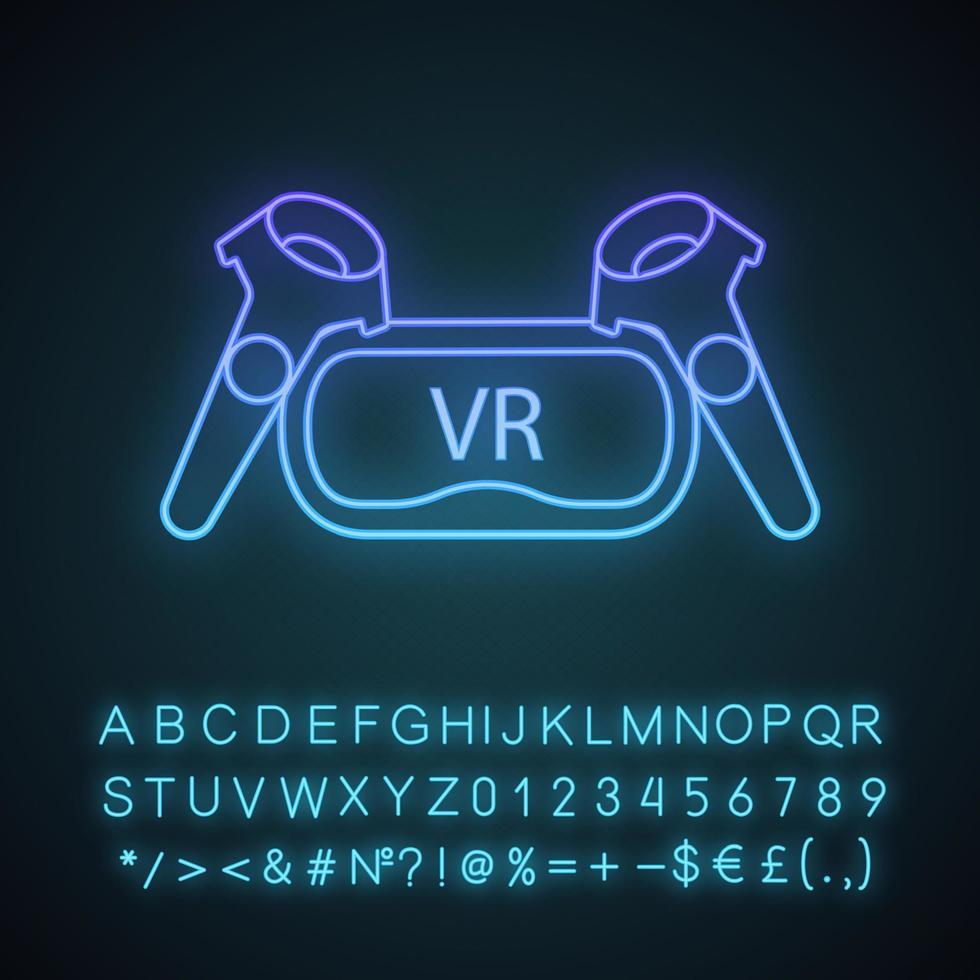 VR set neon light icon. Virtual reality headset and controllers. VR glasses with remote control, gamepad. Glowing sign with alphabet, numbers and symbols. Vector isolated illustration