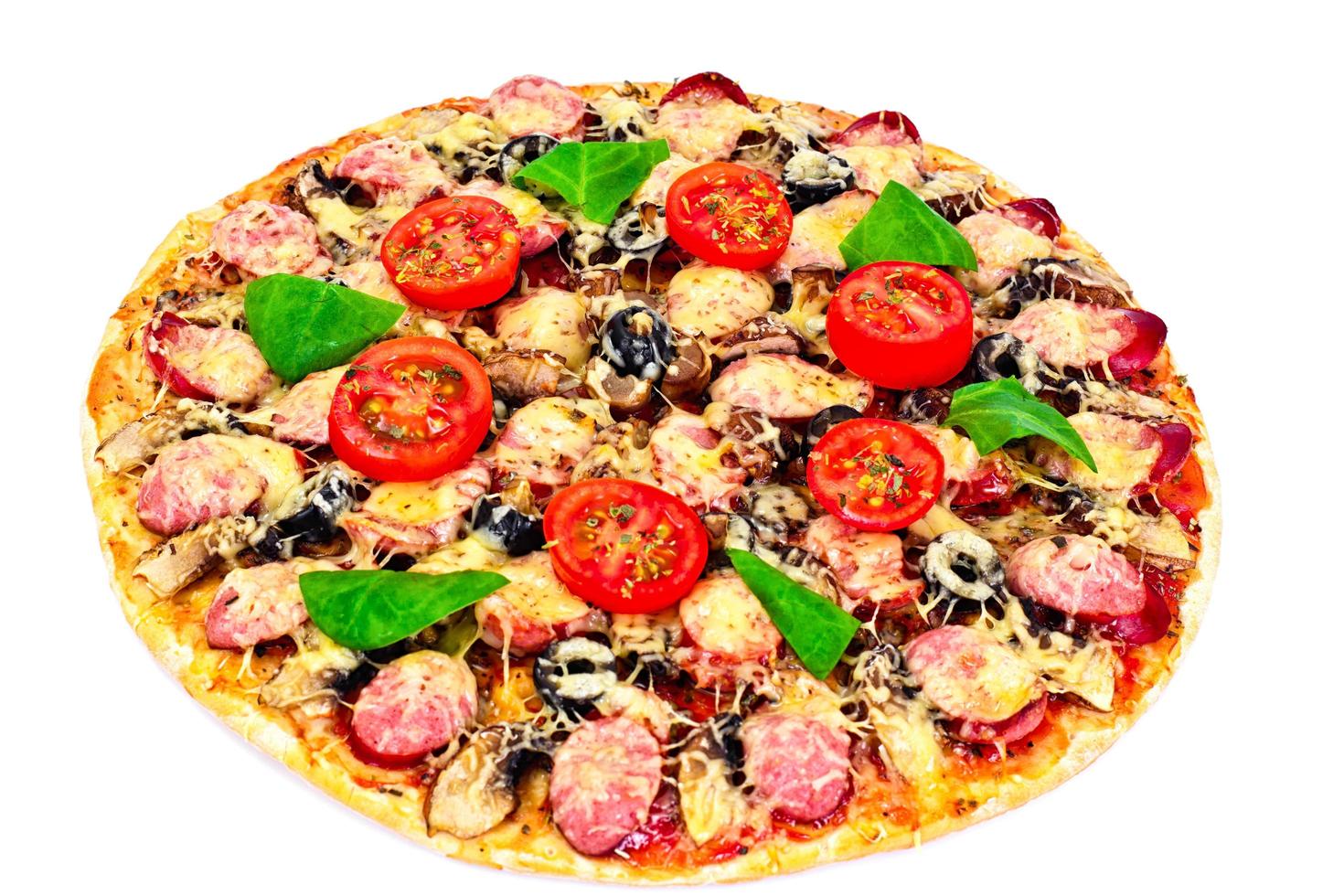 Pepperoni Pizza with Sausage, Cheese, Mozzarella, Olives and Bas photo