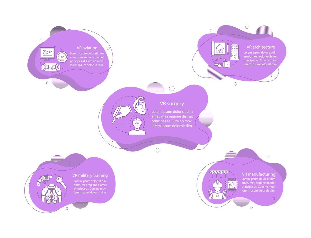 Virtual reality applying concept illustrations. VR surgery, aviation infographic template. Fluid elements with text, linear icons. Five wavy bubbles steps. Presentation, banner report vector cliparts