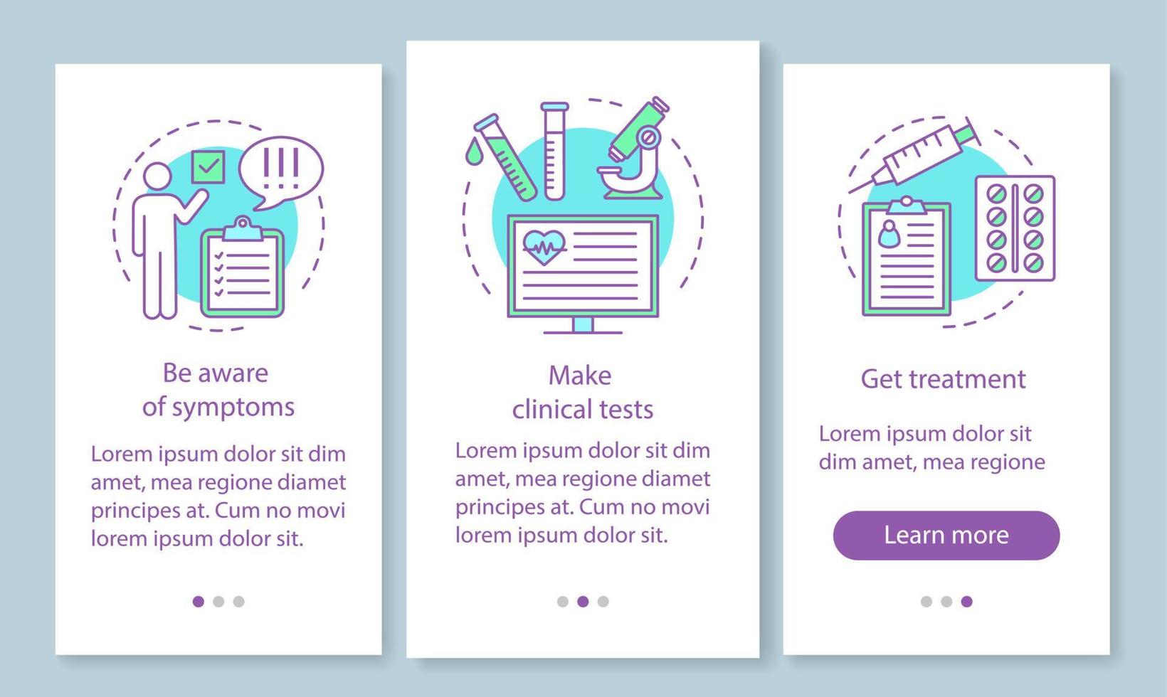 Medical screening onboarding mobile app page screen vector template. Make tests, get treatment. Walkthrough website steps with linear illustrations. UX, UI, GUI smartphone interface concept