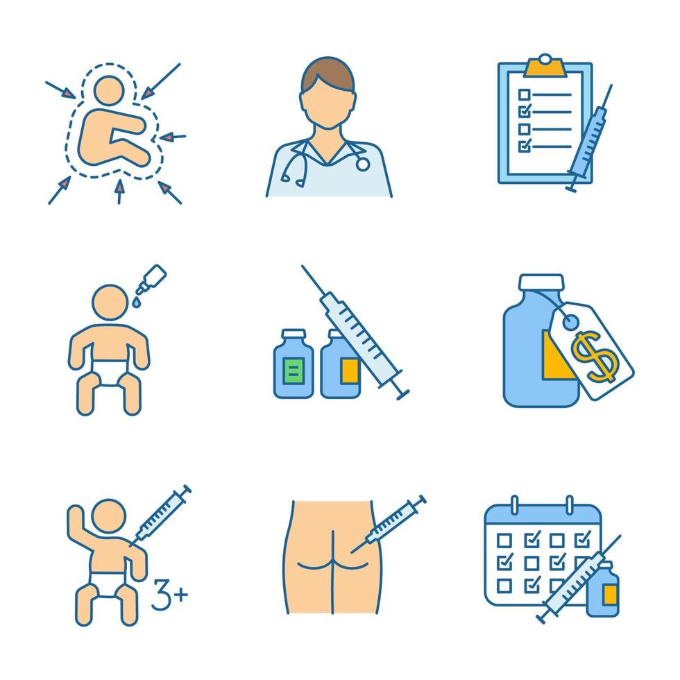 Vaccination and immunization color icons set. Kid's immune system, nurse, vaccination list and calendar, vaccine price, syringe and vials, intramuscular injection. Isolated vector illustrations