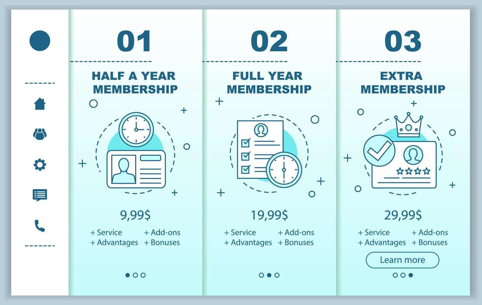 Membership fee prices onboarding mobile app screens vector templates. Tariff plans steps. Walkthrough website pages interface. Account registration. Smartphone subscription payment web page layout