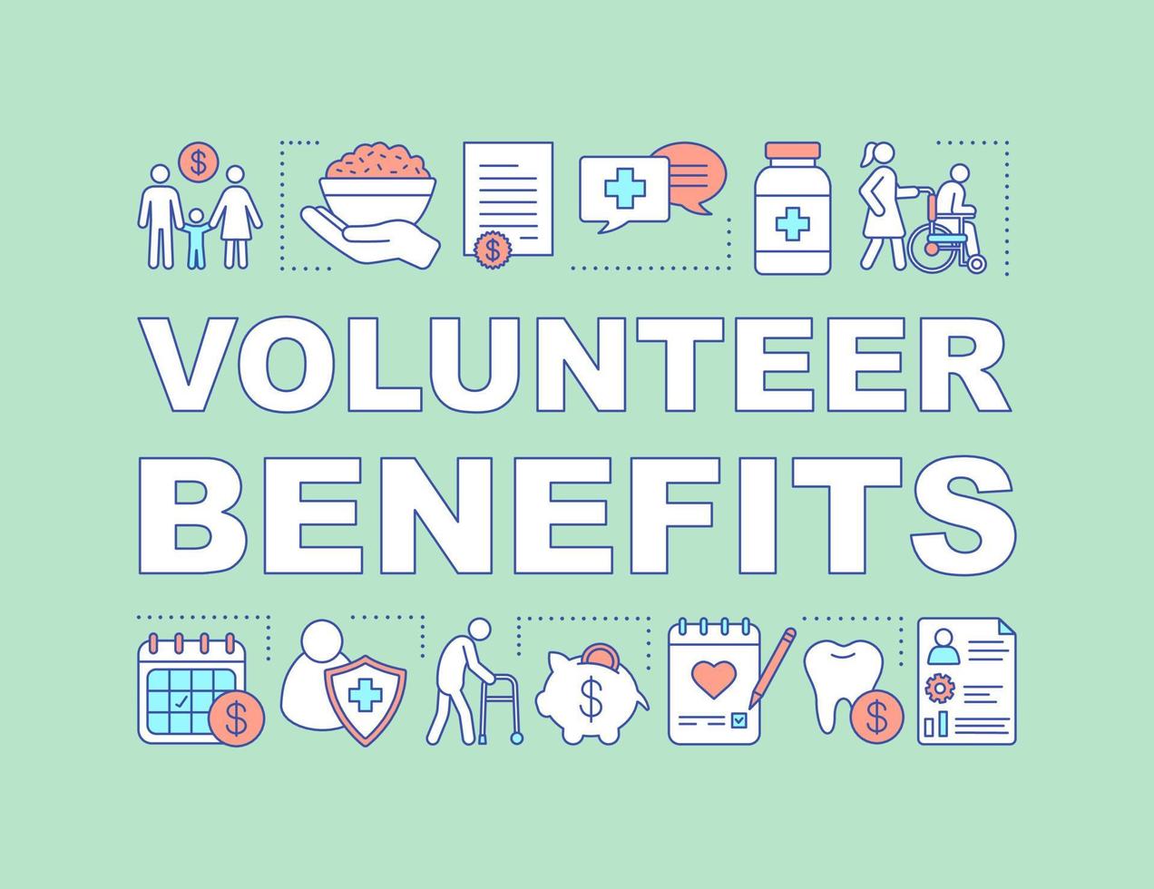 Volunteering benefits word concepts banner. Charity. Presentation, website. Charitable foundation. Nonprofit organization. Isolated lettering typography with linear icons. Vector outline illustration