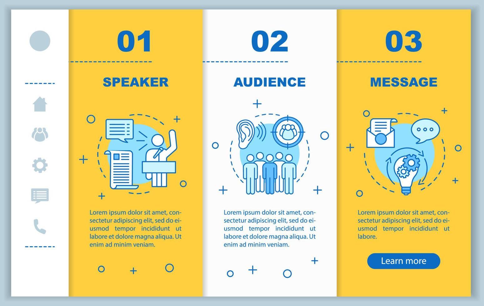 Rhetorical triangle onboarding mobile web pages vector template. Speaker, audience, message. Responsive smartphone website interface idea. Webpage walkthrough step screens. Color concept