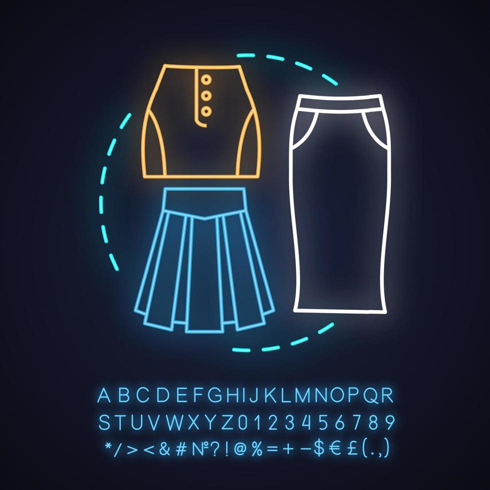 faldas icono de concepto de luz de neón. ropa de mujer. idea de tienda de ropa. signo brillante con alfabeto, números y símbolos. vector ilustración aislada