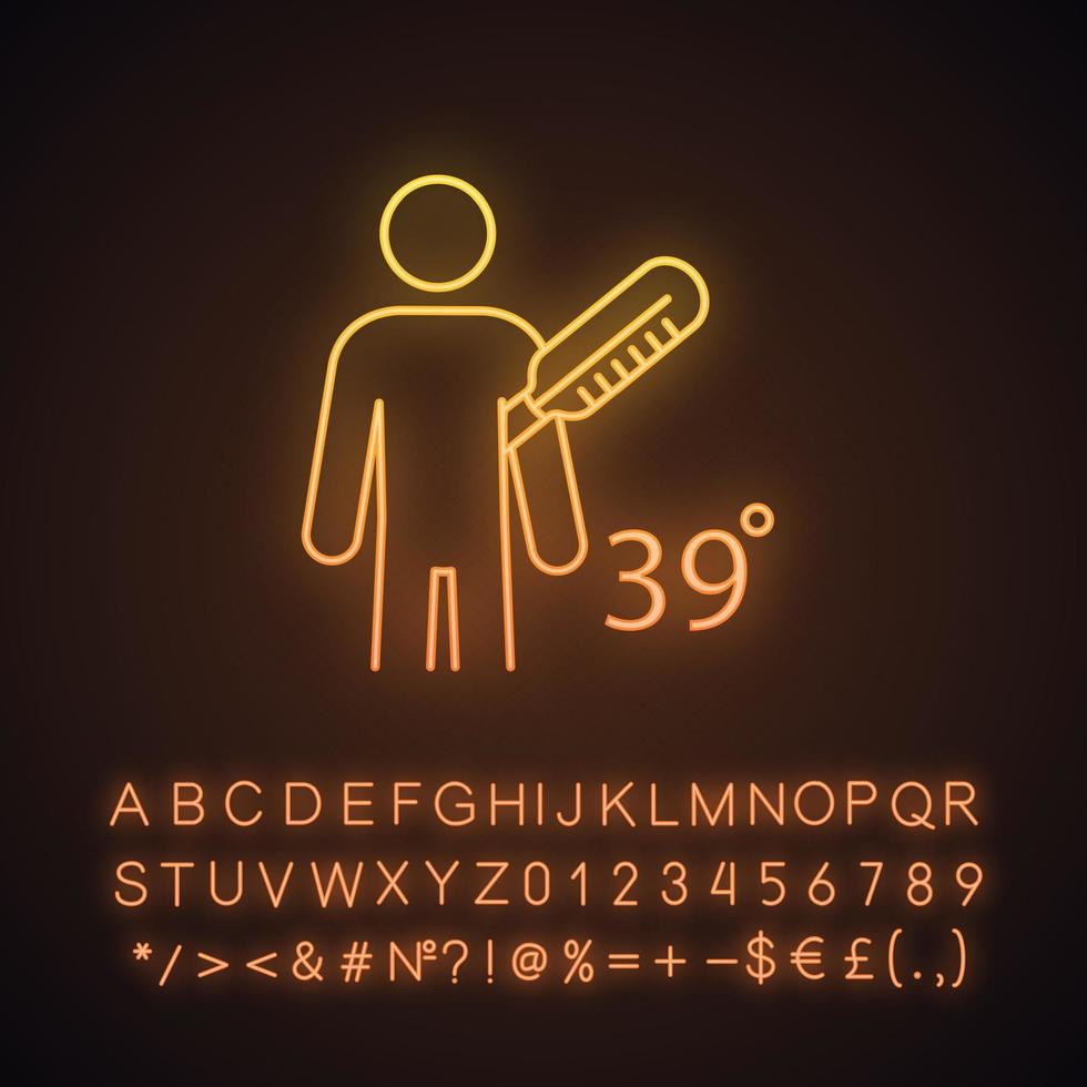 Fever neon light icon. High body temperature. Disease, cold, flu symptom. Vaccination side effect. Glowing sign with alphabet, numbers and symbols. Vector isolated illustration
