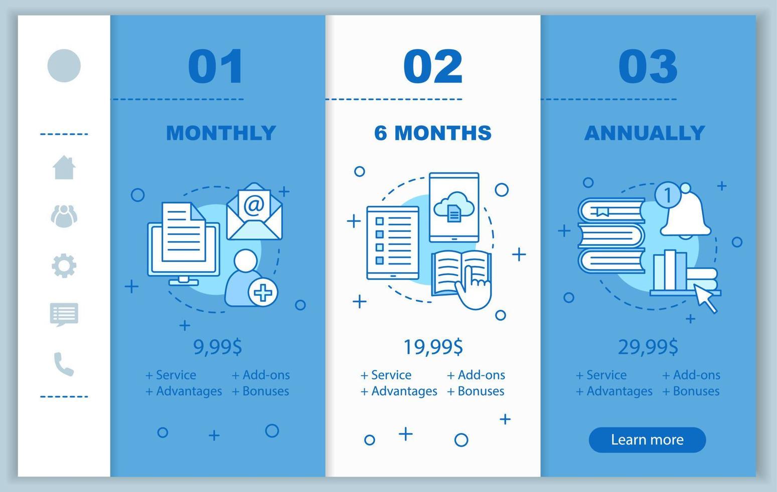 Digital library onboarding mobile app screens with service prices. Walkthrough website pages templates. Online courses. E-library tariff plans steps. E-books costs. Payment smartphone web page layout vector
