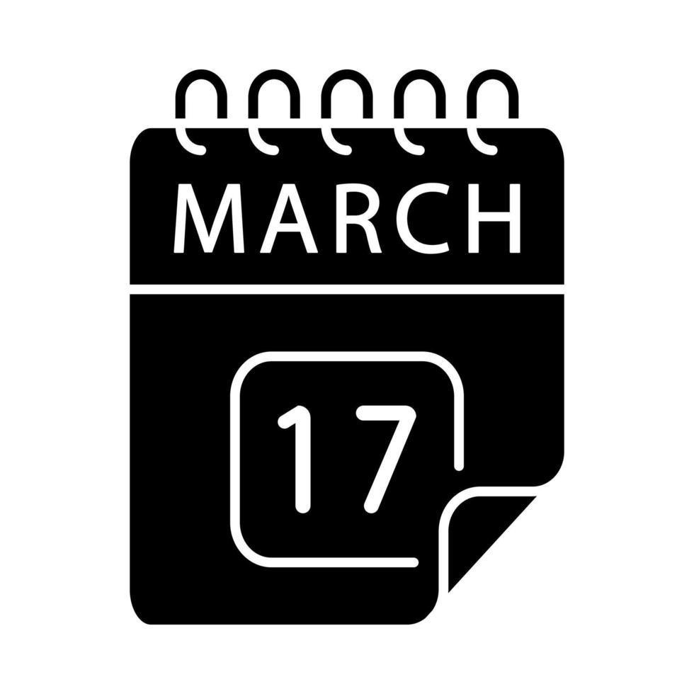March 17 glyph icon. Saint Patrick s Day. Calendar date. Silhouette symbol. Negative space. Vector isolated illustration
