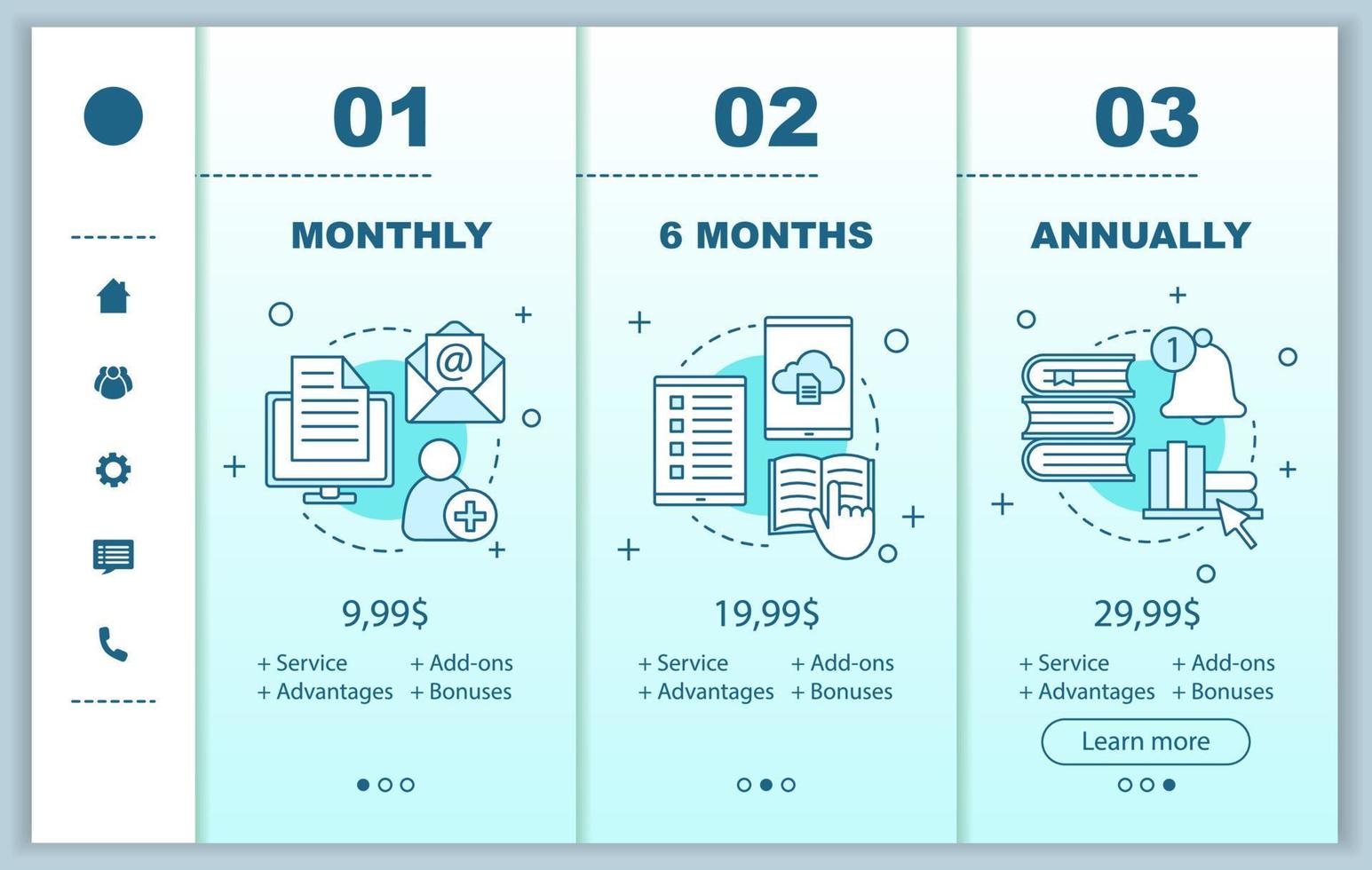 E-library onboarding mobile app screens with service prices. Walkthrough website pages templates. Online courses. E-learning tariff plans steps. E-books costs. Payment smartphone web page layout vector