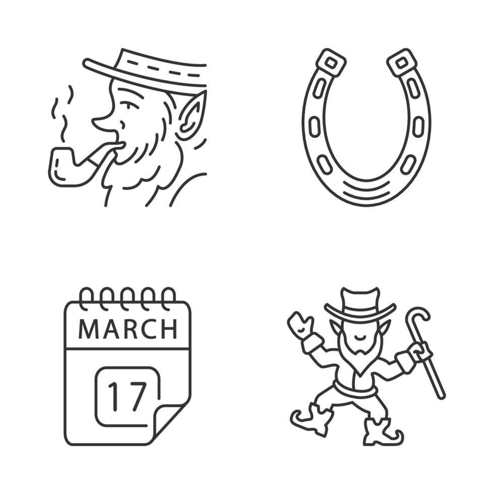 Saint Patrick s Day linear icons set. Thin line contour symbols. Feast of St. Patrick. Leprechauns, horseshoe, March 17 calendar date. Isolated vector outline illustrations. Editable stroke