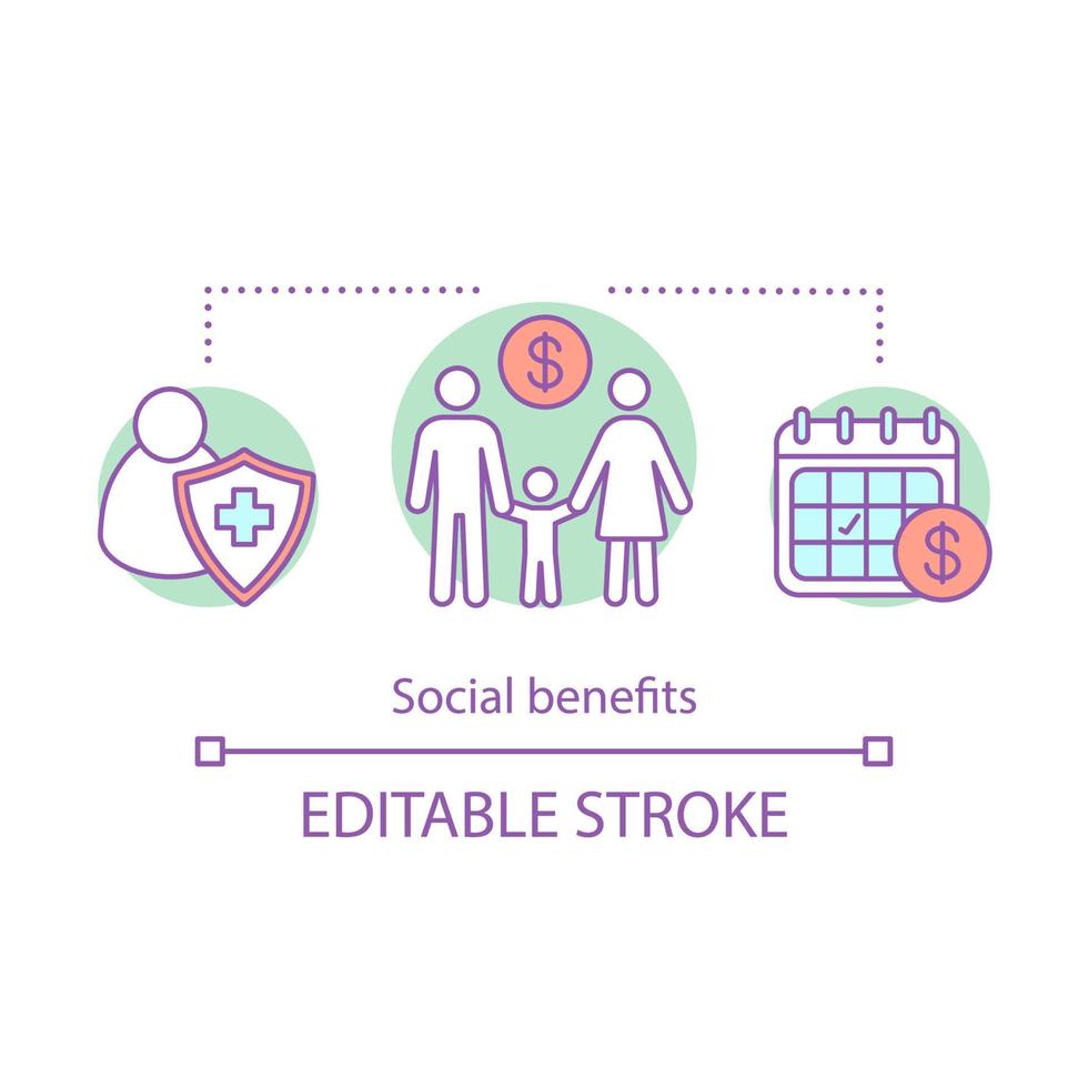 Social benefits concept icon. Corporate culture idea thin line illustration. Health insurance, compensation, leave. Family welfare. Paid vacation. Vector isolated outline drawing. Editable stroke