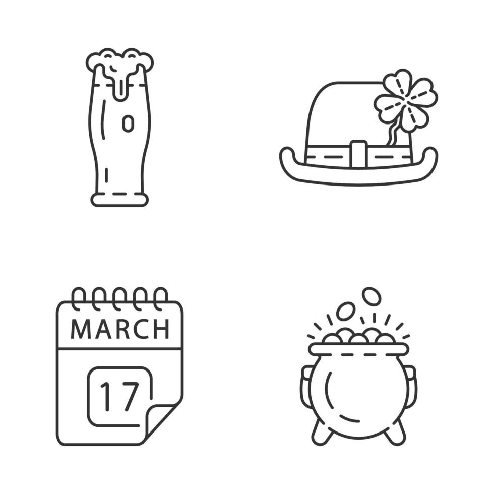 Saint Patrick s Day glyph icons set linear icons set. Thin line contour symbols. Glass of ale, bowler hat, March 17, pot of gold. Isolated vector outline illustrations. Editable stroke