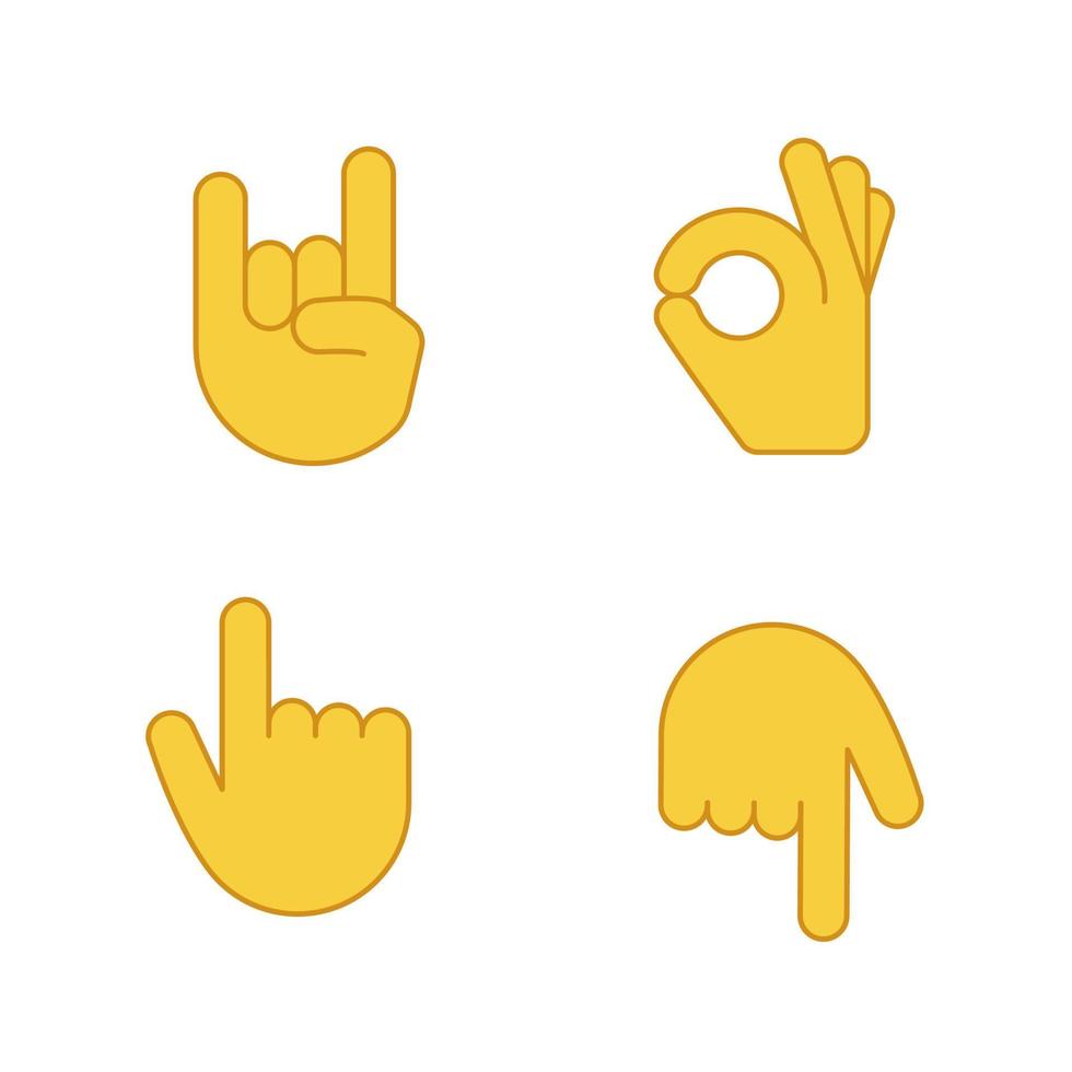 Conjunto de iconos de color de emojis de gesto de mano. rock on, heavy metal, ok, gestos de aprobación. índice de revés apuntando hacia arriba y hacia abajo. gire hacia atrás el puntero del dedo. ilustraciones vectoriales aisladas vector