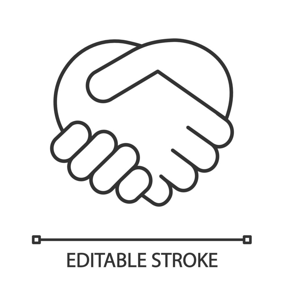 Handshake gesture linear icon. Thin line illustration. Shaking hands emoji. Friends meeting. Agreement, deal, contract. Trust contour symbol. Vector isolated outline drawing. Editable stroke