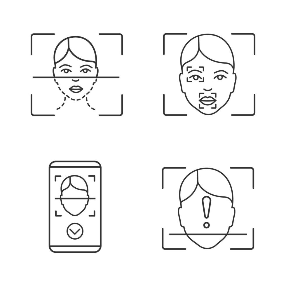 Conjunto de iconos lineales de reconocimiento facial. símbolos de contorno de línea fina. proceso de escaneo facial, marcadores y puntos, aplicación de teléfono inteligente, escaneo de identificación no identificado. ilustraciones de contorno de vector aislado. trazo editable