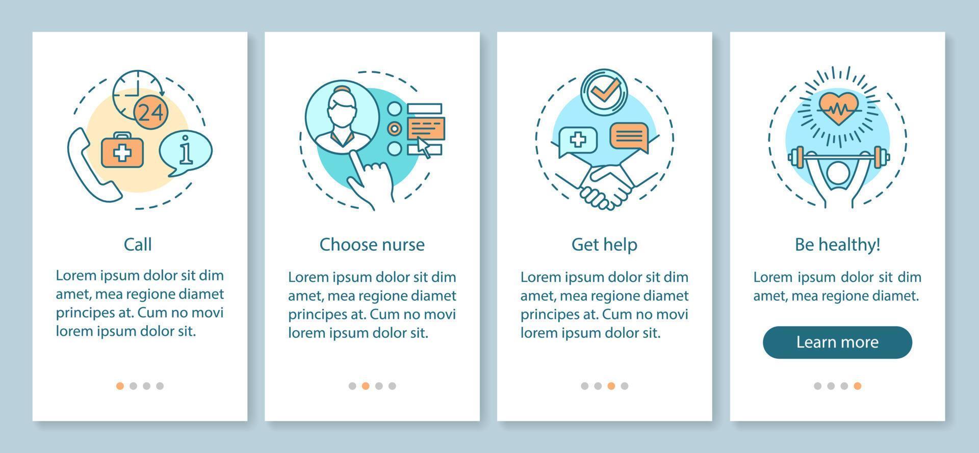 Choose nurse onboarding mobile app page screen, linear concepts. In home care service walkthrough steps graphic instructions. Medical care. Call, get help. UX, UI, GUI vector template, illustrations