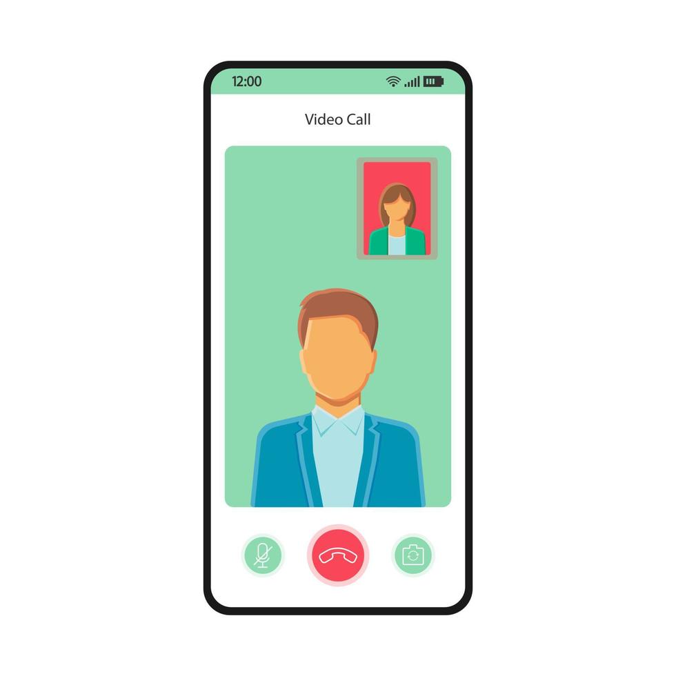 Video call smartphone interface vector template. Mobile app page white design layout. Conference, online video chat screen. Flat UI for application. Mute, decline, change camera. Phone display
