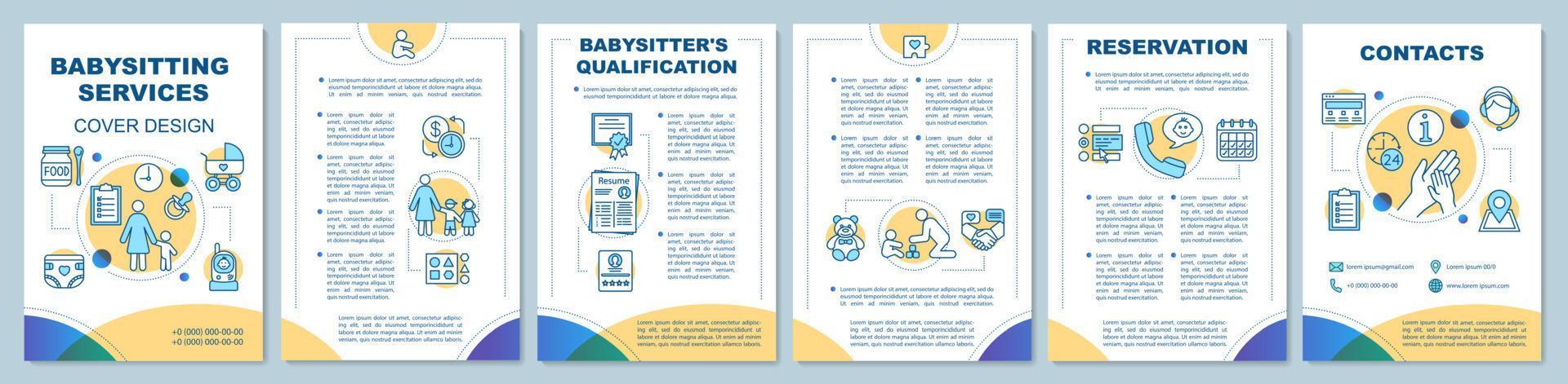 Babysitting support brochure template layout. Babysitter, nanny jobs. Flyer, booklet, leaflet print design with linear icons. Vector page layouts for magazines, annual reports, advertising posters