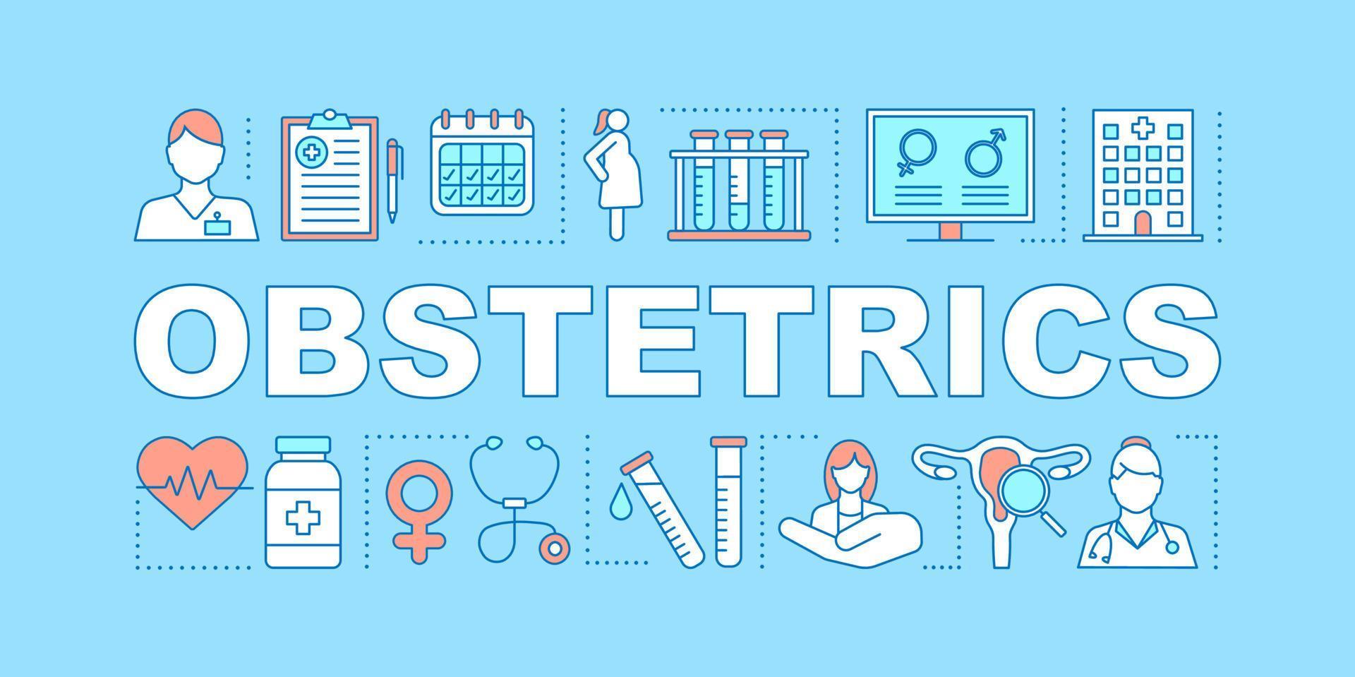 Obstetrics word concepts banner. Prenatal care. Pregnancy gynecological examination, childbirth. Ob gyn. Presentation, website. Isolated lettering typography idea, icons. Vector outline illustration