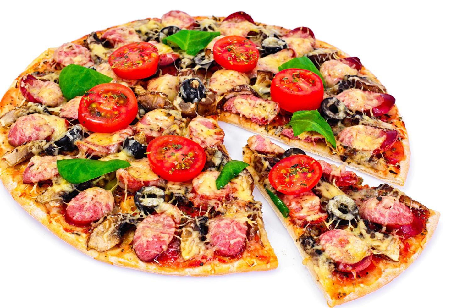 Pepperoni Pizza with Sausage, Cheese, Mozzarella, Olives and Bas photo