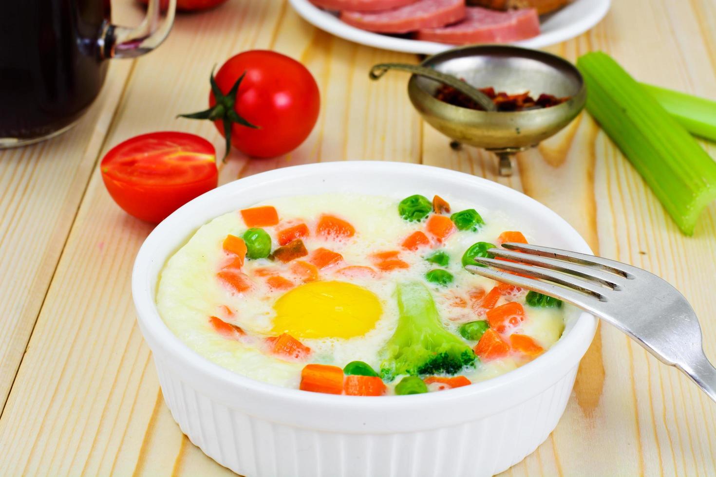 Healthy and Diet Food. Scrambled Eggs with Vegetables photo