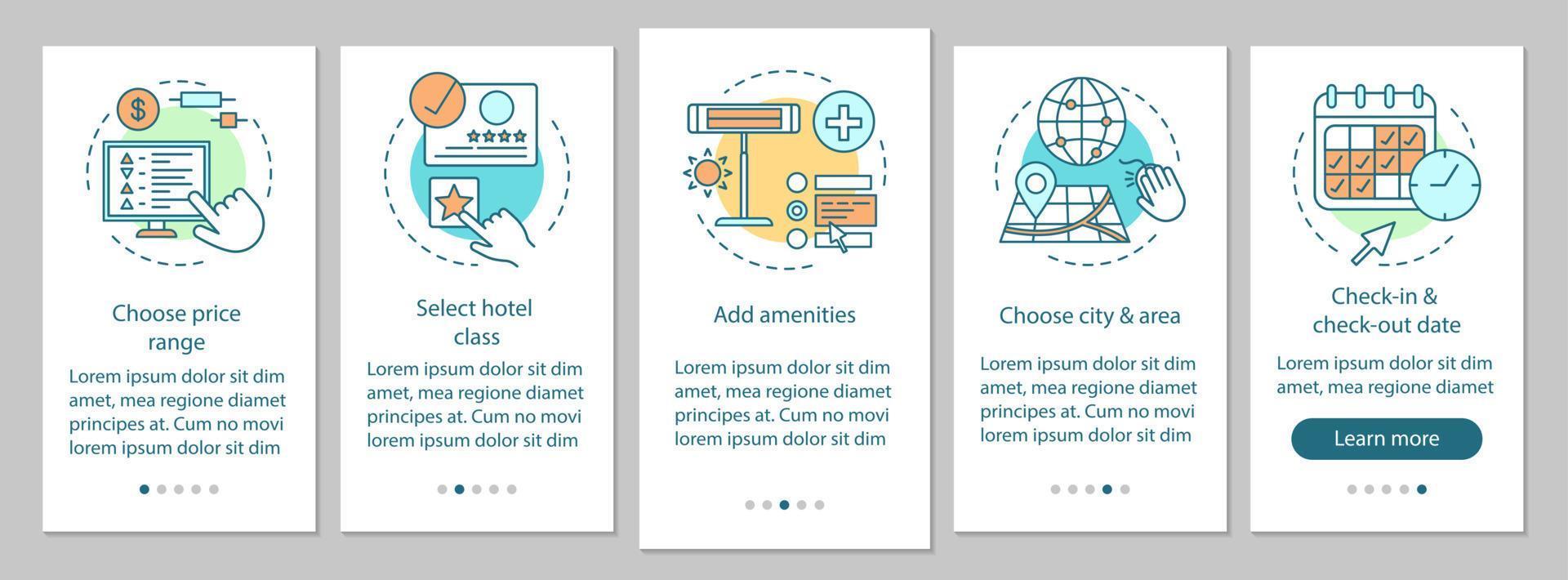 Find hotel onboarding mobile app page screen with linear concepts. Hotel booking website. Choose room amenities walkthrough steps graphic instructions. UX, UI, GUI vector template with icons