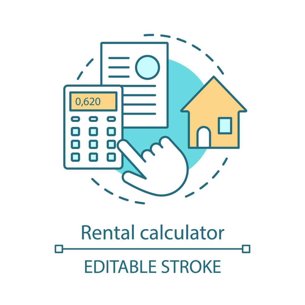 icono de concepto de calculadora de propiedad de alquiler. facturas, cálculos de impuestos. mano con calculadora, documentos, casa. precios de alquiler idea ilustración de línea fina. dibujo de contorno aislado vectorial. trazo editable vector