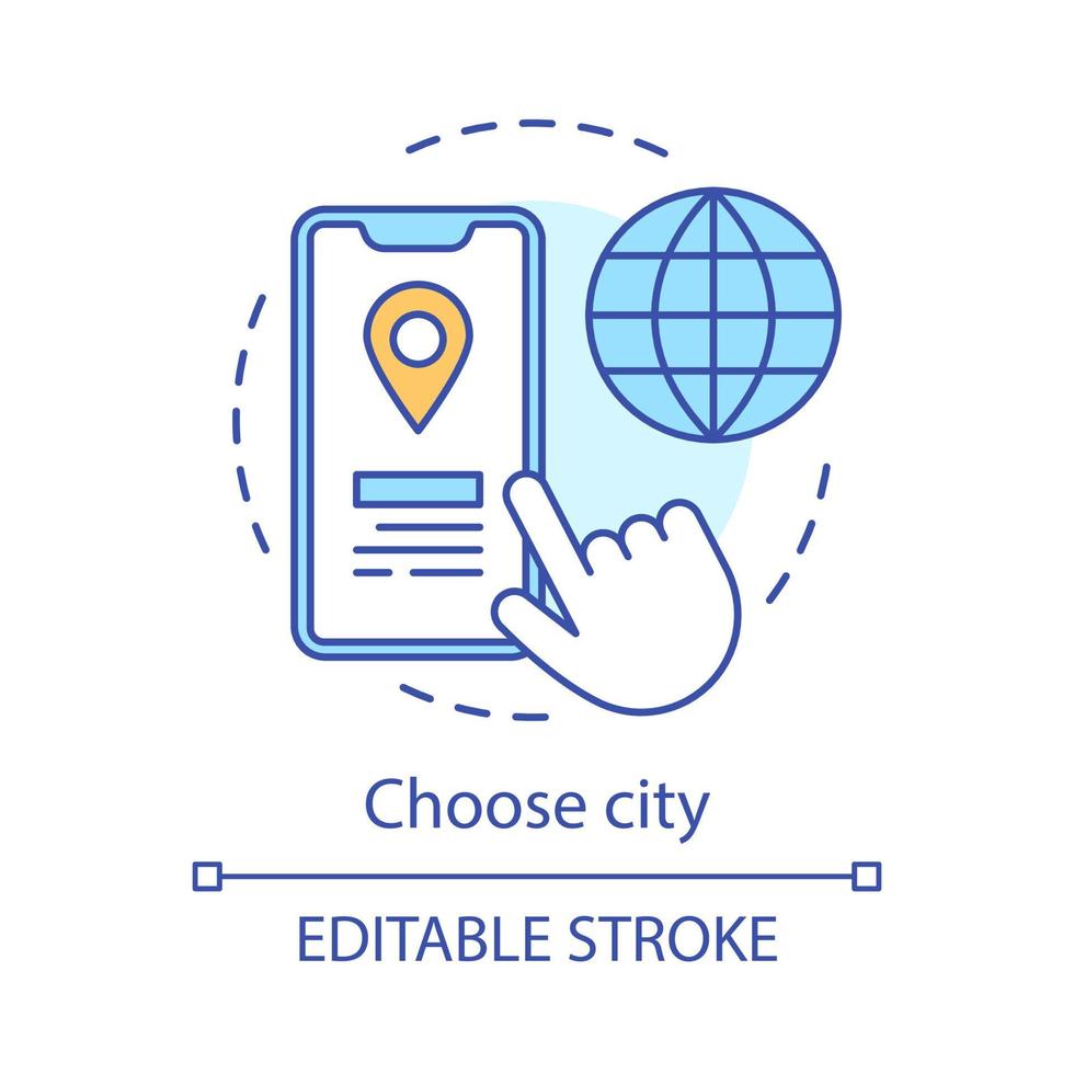 Choose city concept icon. Select travel destination. Globe, hand, smartphone. GPS navigation. Digital mapping idea thin line illustration. Vector isolated outline drawing. Editable stroke