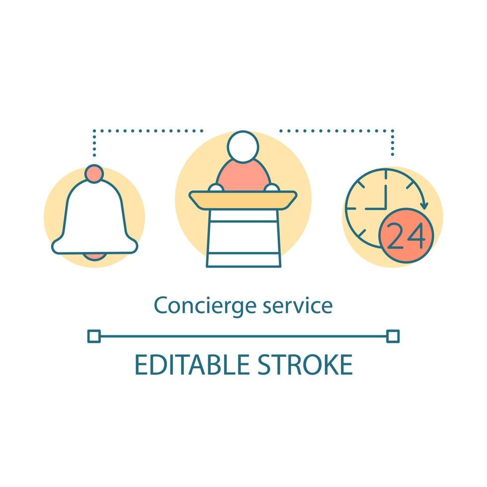 Concierge service concept icon. 24 hours reception. Hotel service. Customer support, assistance, help round the clock idea thin line illustration. Vector isolated outline drawing. Editable stroke