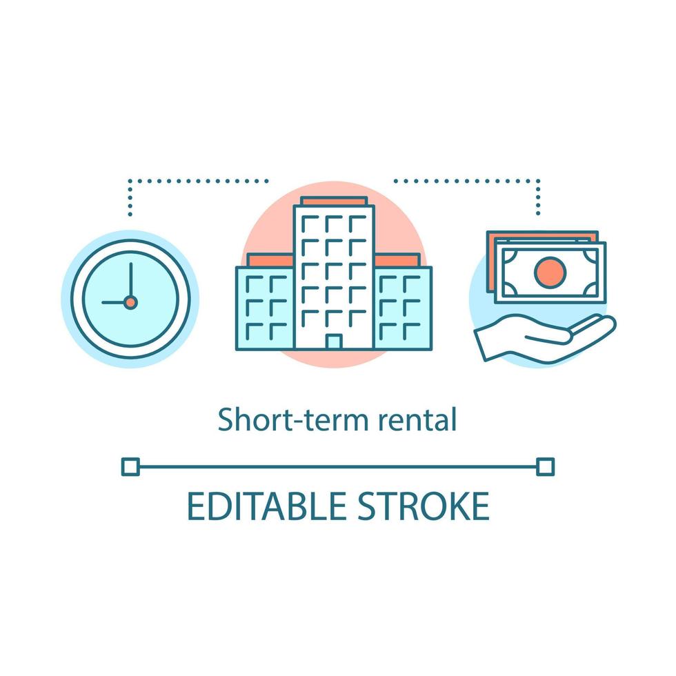 Short-term rental concept icon. Property for short time interval rent. Tenancy period. clock, building, hand hold money. idea thin line illustration. Vector isolated outline drawing. Editable stroke