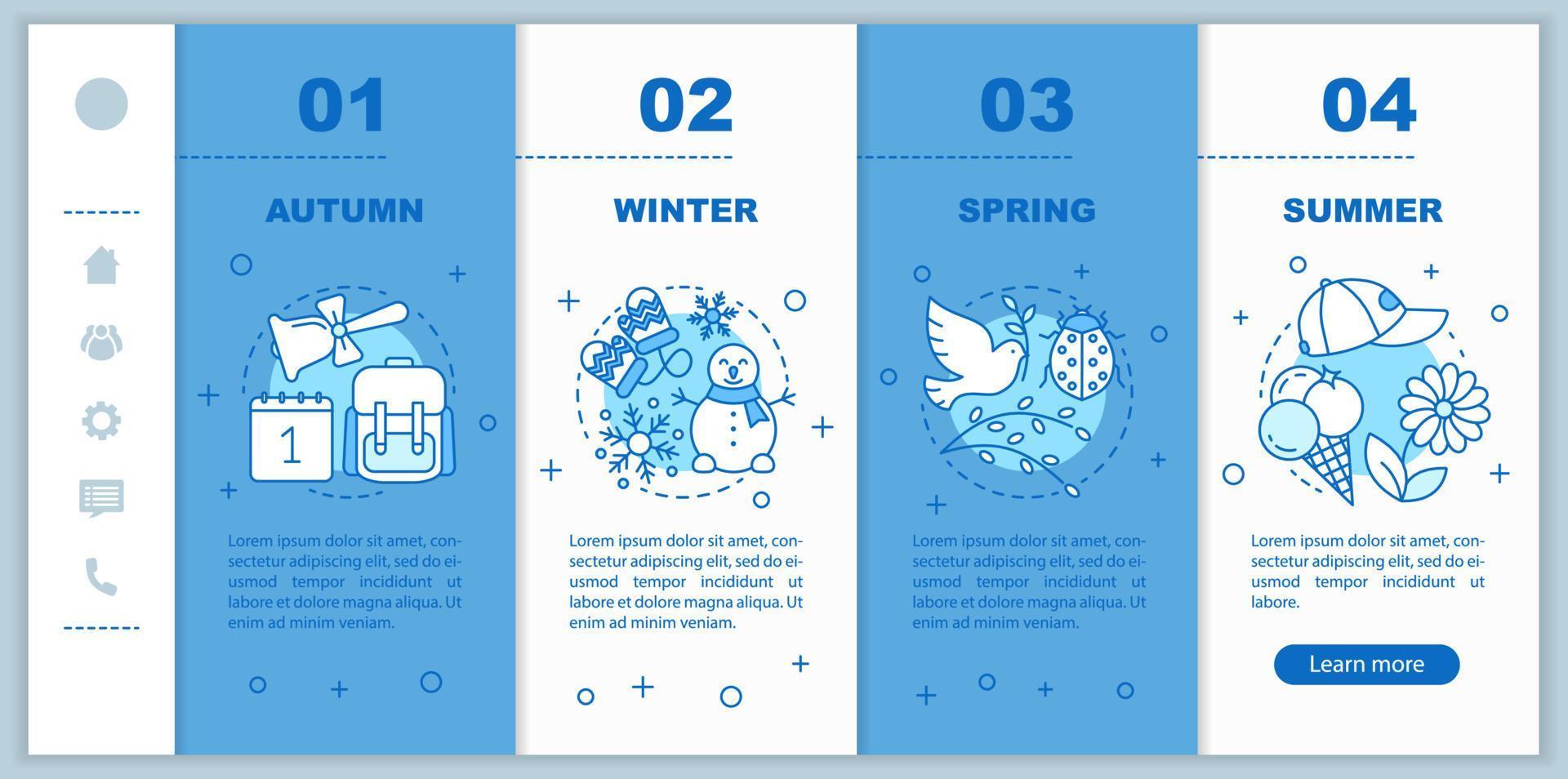 Four seasons onboarding mobile web pages vector template. Responsive smartphone website interface idea with linear illustrations. Winter, spring webpage walkthrough step screens. Color concept