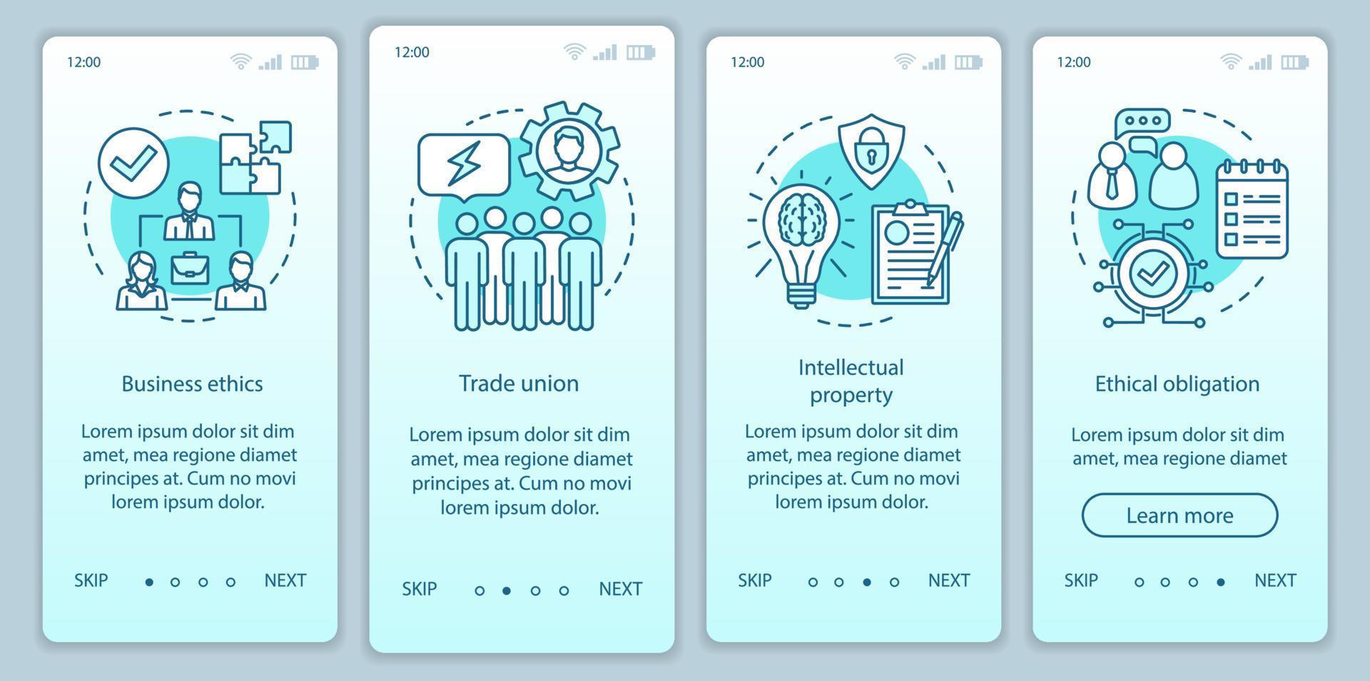 Business ethics onboarding mobile app page screen vector template. Trade union, intellectual property. Walkthrough website steps with linear illustrations. UX, UI, GUI smartphone interface concept