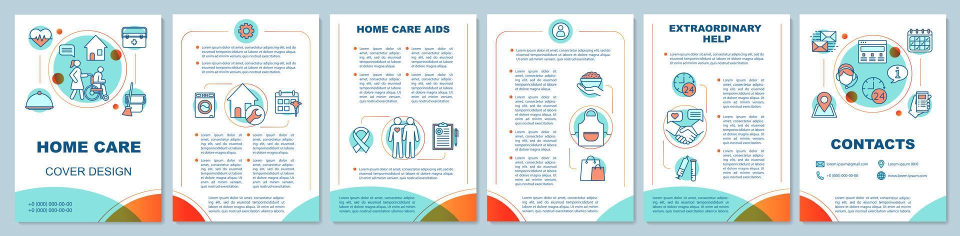 Home health care brochure template layout. Assisted living. Medical, cleaning help. Leaflet print design, linear illustrations. Vector page layouts for magazines, annual reports, advertising posters